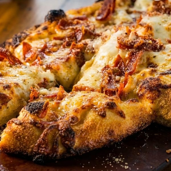 Close-up of a freshly baked, golden-crusted pizza with melted cheese and pepperoni on a wooden board.