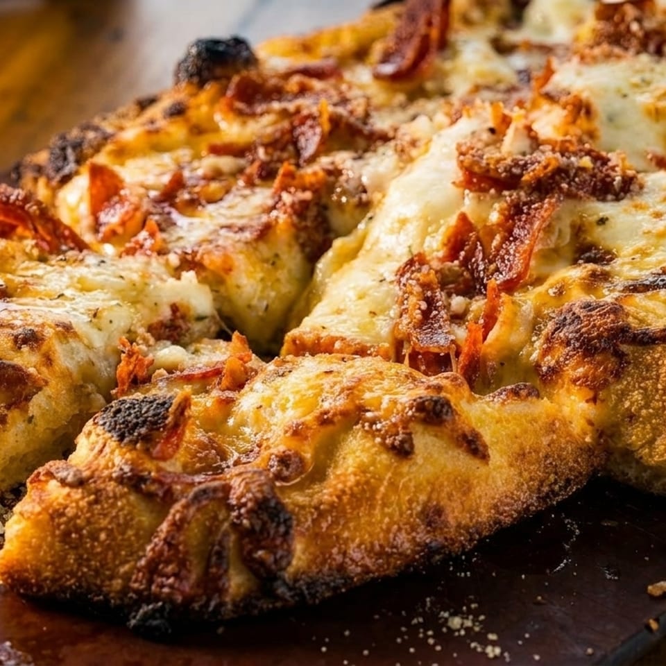 Close-up of a freshly baked, golden-crusted pizza with melted cheese and pepperoni on a wooden board.
