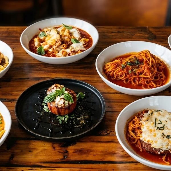 A wooden table filled with various Italian pasta dishes, including spaghetti, penne, and baked ziti.